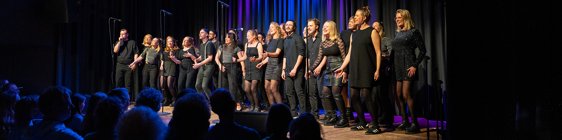Bühnenfoto mit mehreren Sänger*innen in Reihe, Mikrofonständer und Bühnenlicht.